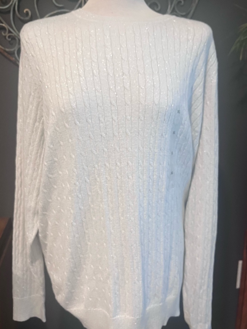 Kim Rogers White Sparkle Cable-Knit Crewneck Sweater